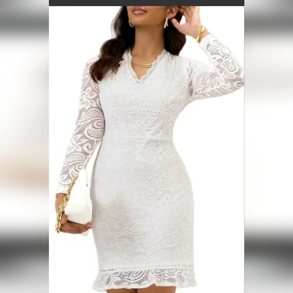 NWT Eilly Bazar Off White Tie Back Ruffle Hem Lace Dress